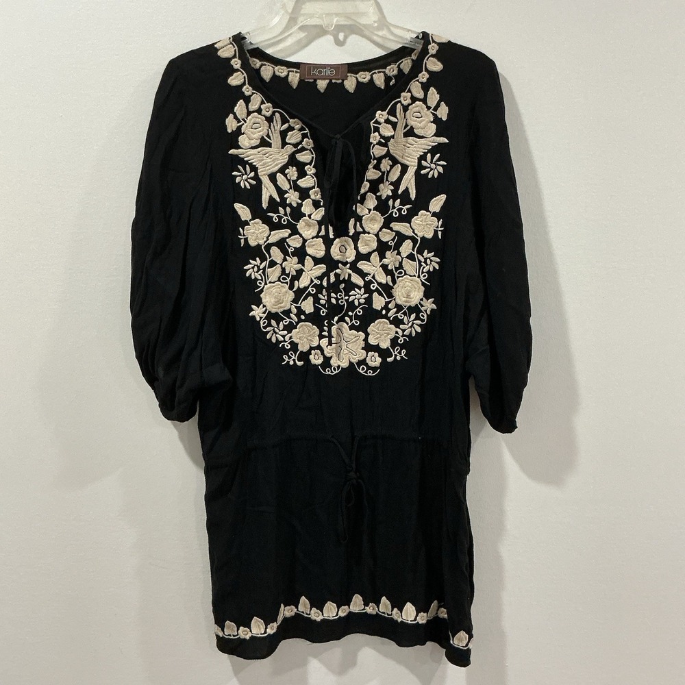 Karlie Embroidered Tie Front Boho Tunic Short Sleeve Blouse Size L Black Floral